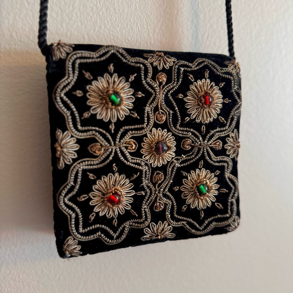 Vintage beaded black velvet handbag from India—Zardozi-style embroidery